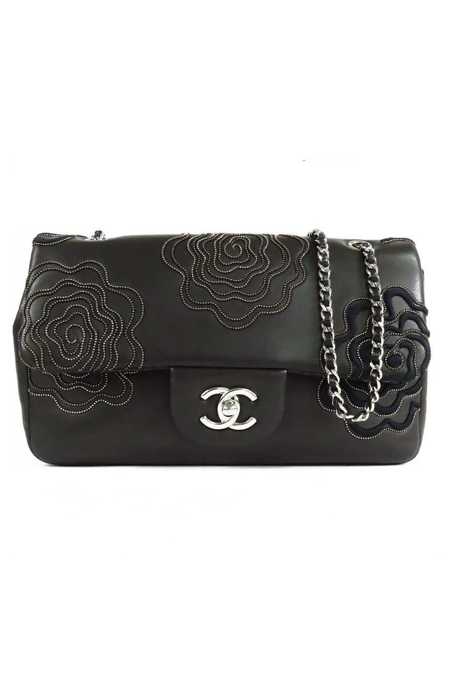 Chanel Camellia Chain Flap Black Silver Lambskin Shoulder Bag